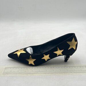 FSJ Black Gold Stars Pointed Toe Slip On Kitten Heel Prom Pumps Wedding Shoes